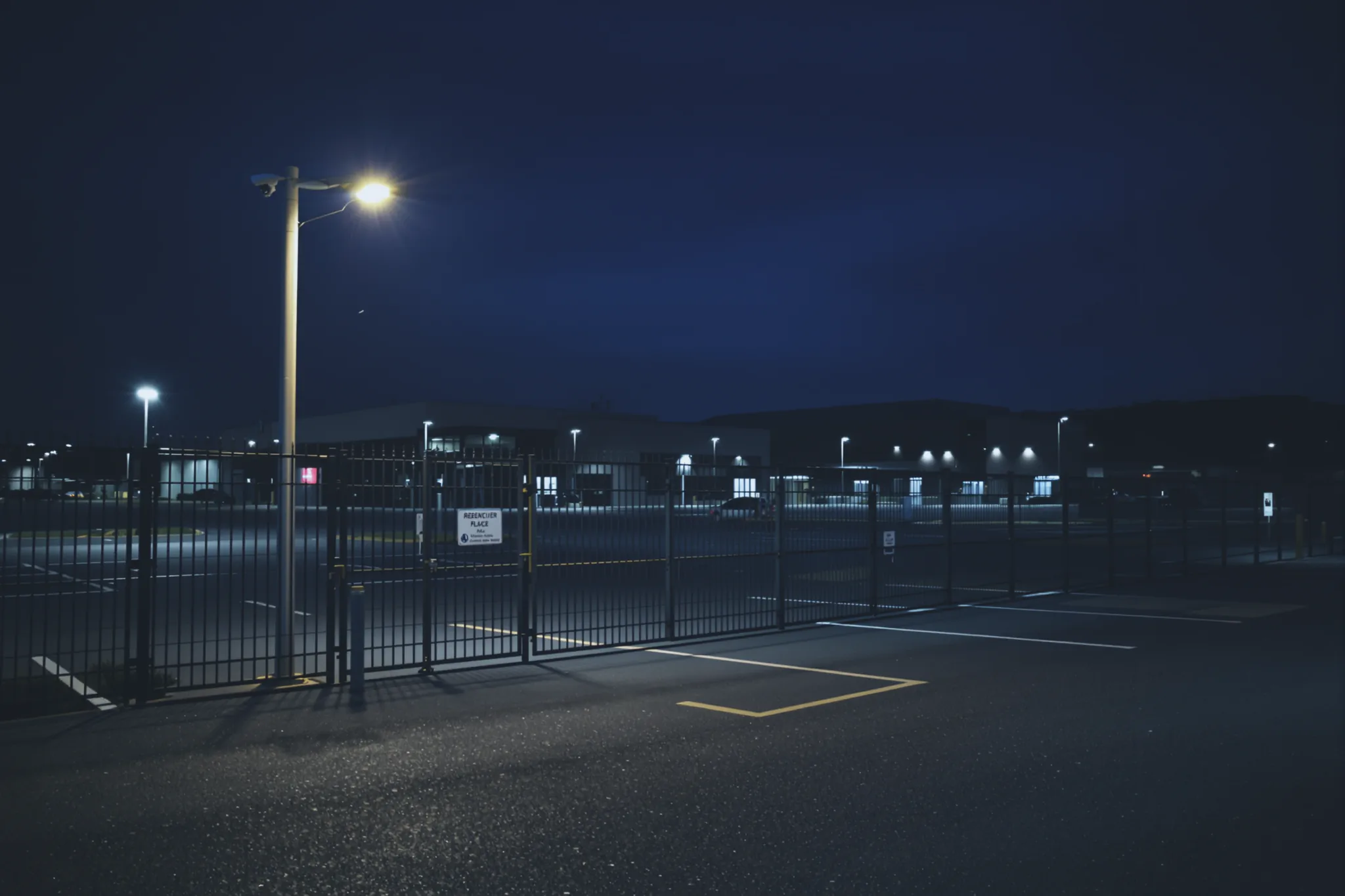 A secured vehicle gate and fence line at an industrial park at night.