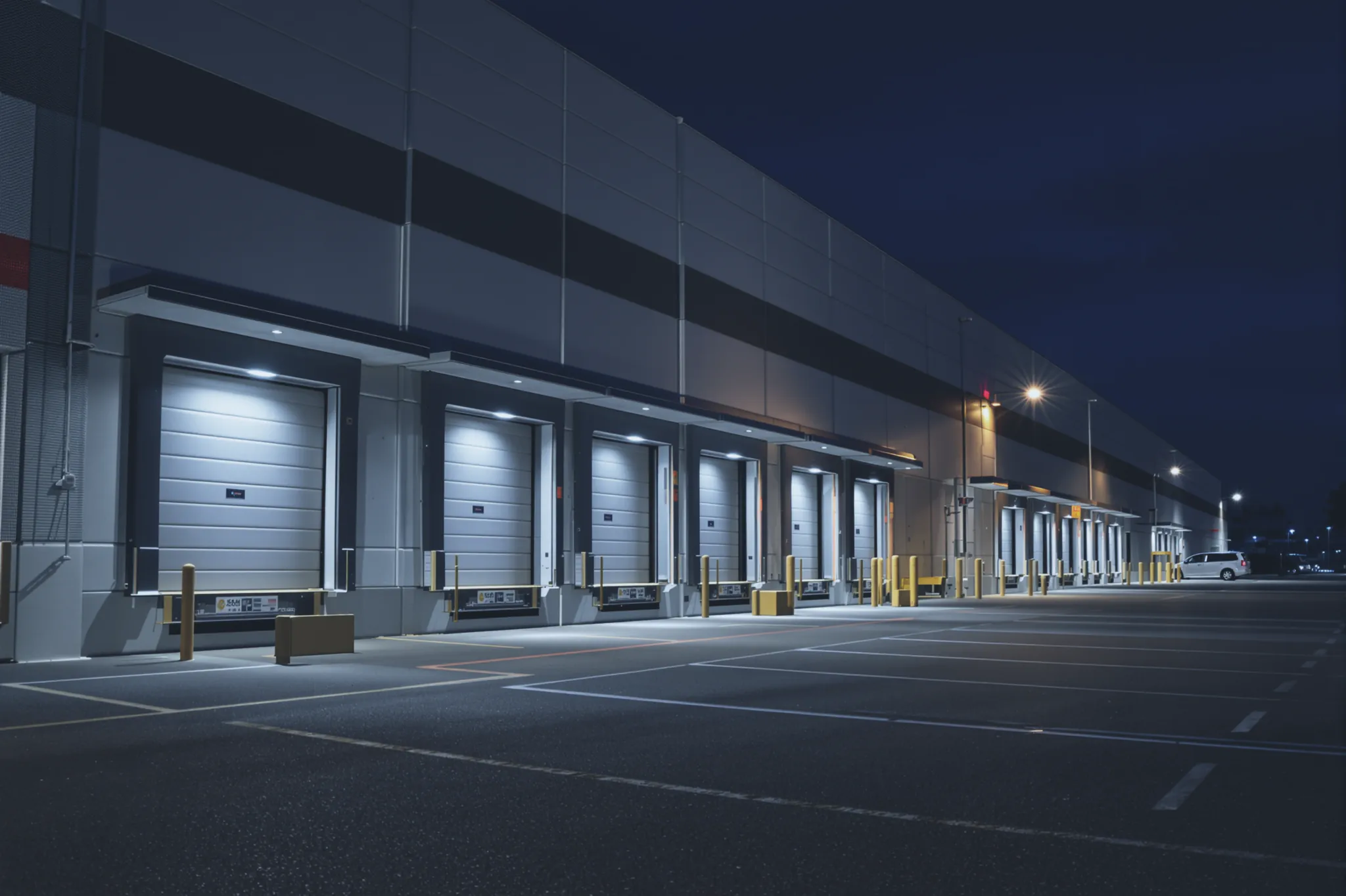 A modern logistics park at night, a row of loading-dock doors.