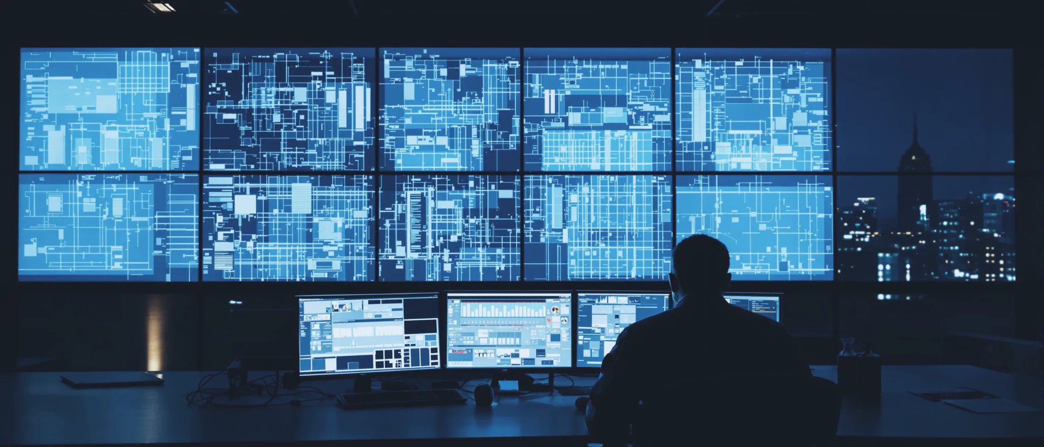 A dim security operations center at night with a wall of monitors.