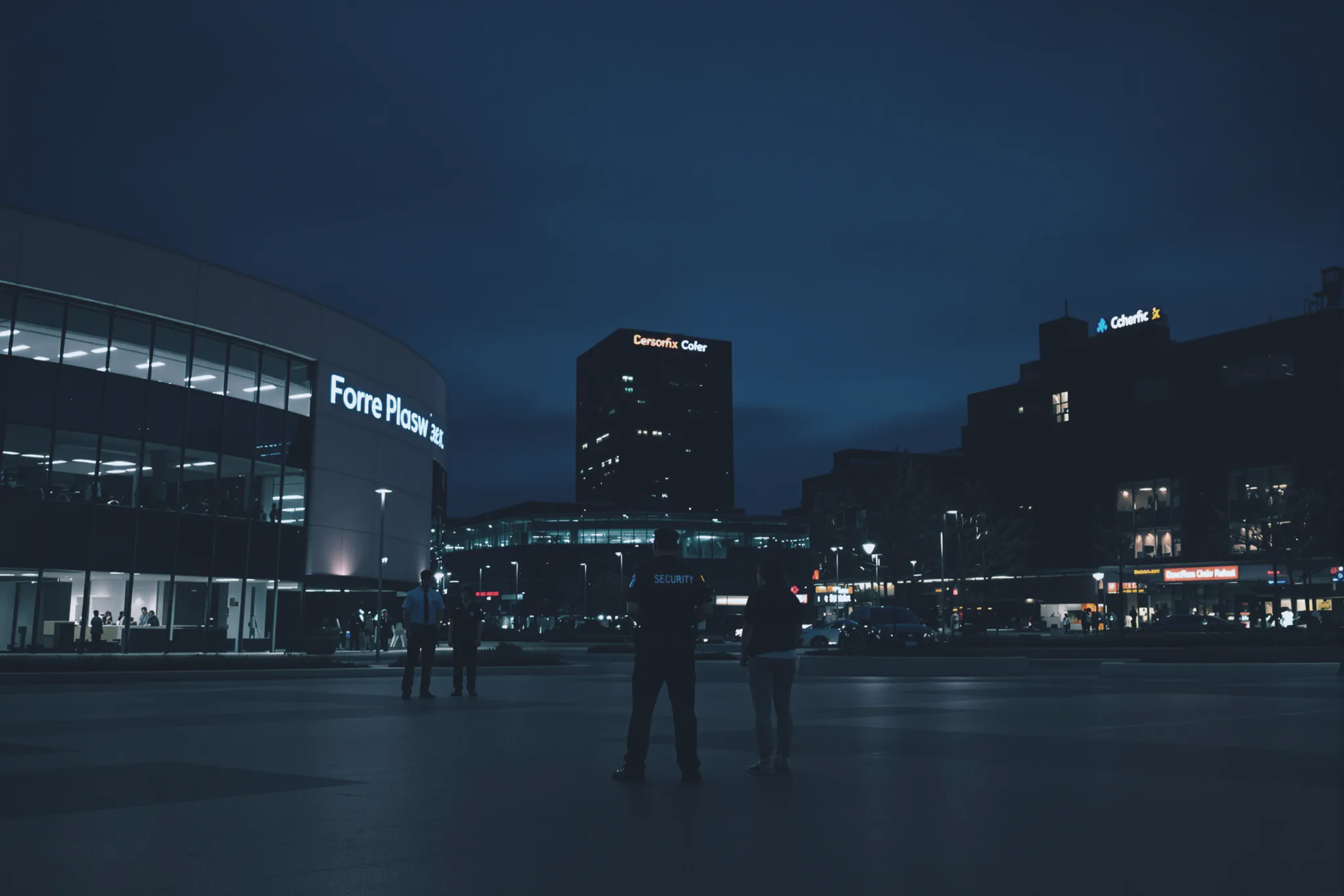A Sentinel officer approaching a commercial property at night.