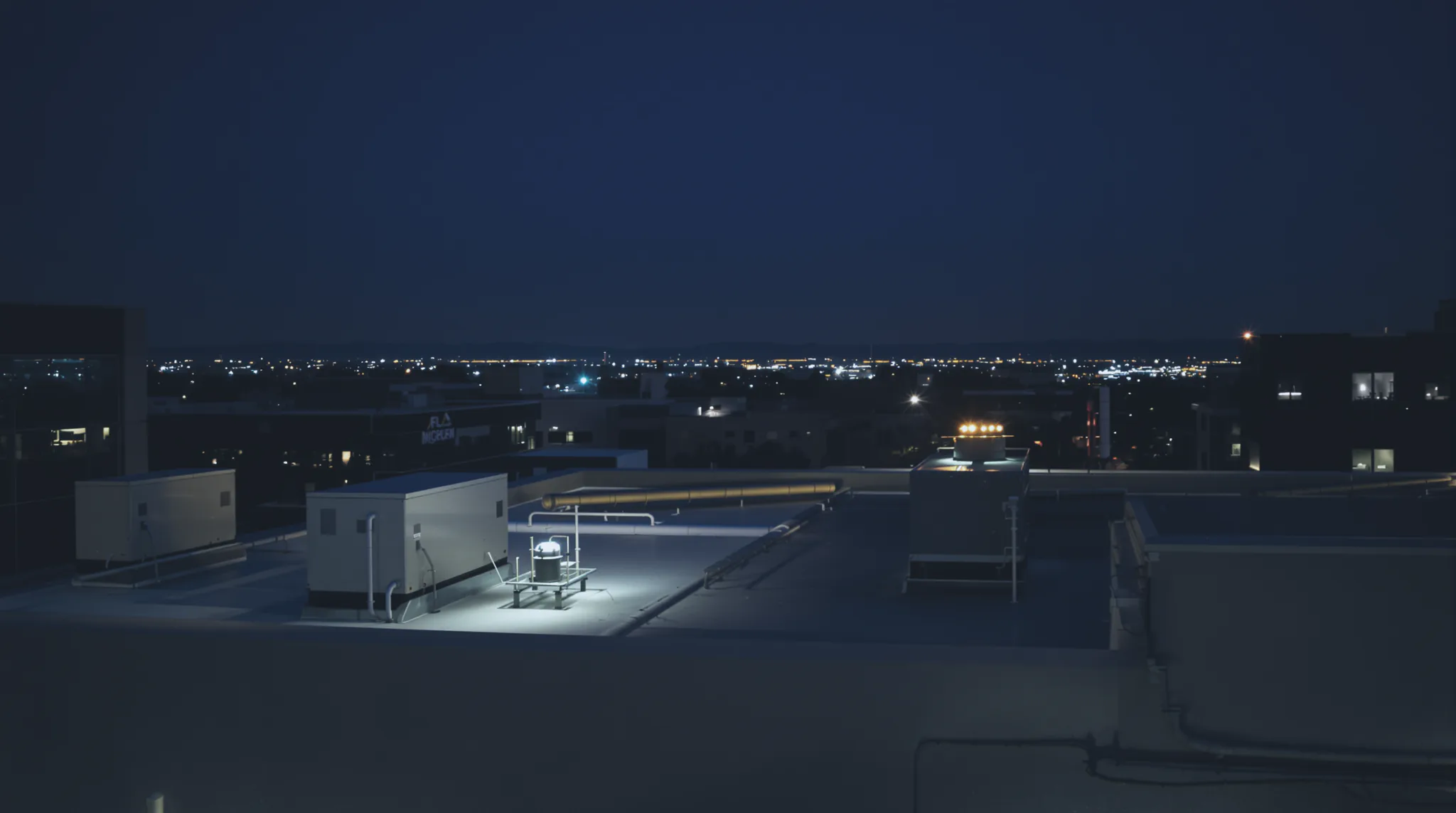 Drone launch equipment staged on a commercial rooftop mechanical deck.