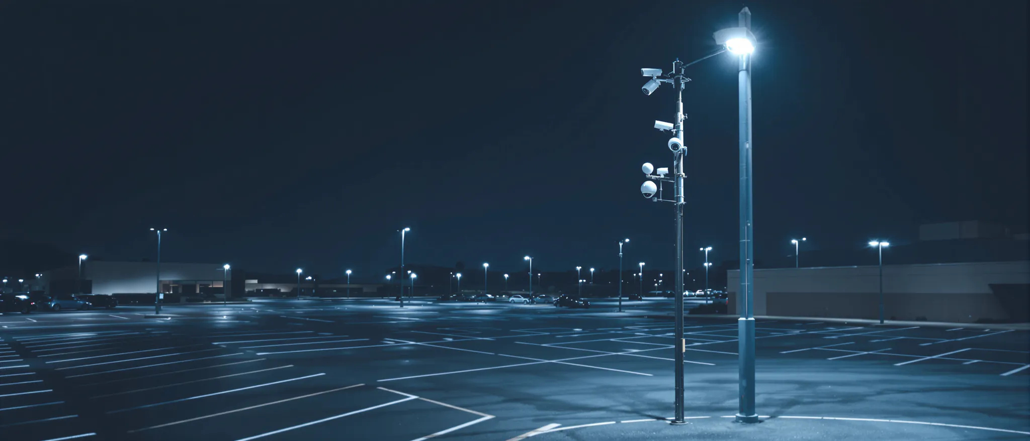 A light pole carrying a cluster of security cameras over a wide, empty parking lot at night.