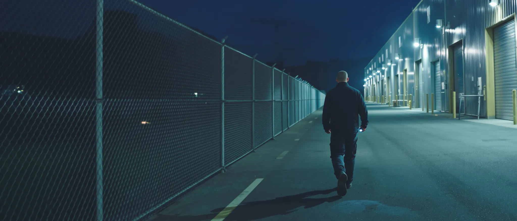 A responder with a flashlight walks the perimeter fence beside a warehouse at night.